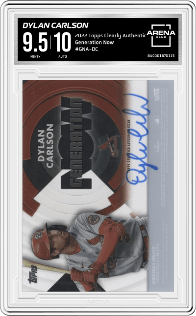 Dylan Carlson from the 2022 Topps Clearly Authentic set graded by Arena Club and given an overall grade of 9.5.