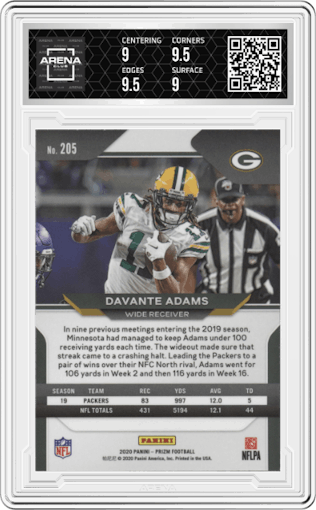 Davante Adams  from the 2020 Panini Prizm set graded by Arena Club and given an overall grade of 9.5.
