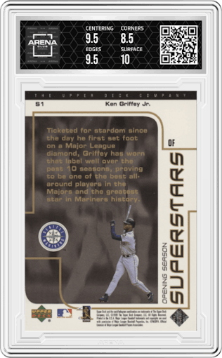 Ken Griffey Jr. from the 1998 Upper Deck set graded by Arena Club and given an overall grade of 9.