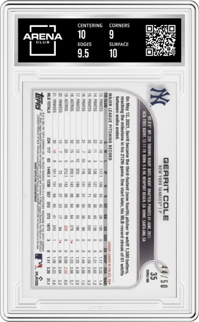 Gerrit Cole from the 2022 Topps   set featuring a Mother’s Day Hot Pink parallel graded by Arena Club and given an overall grade of 9.5.
