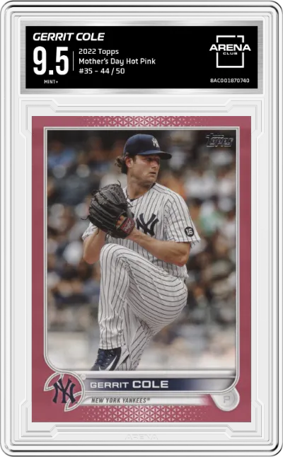 Gerrit Cole from the 2022 Topps   set featuring a Mother’s Day Hot Pink parallel graded by Arena Club and given an overall grade of 9.5.