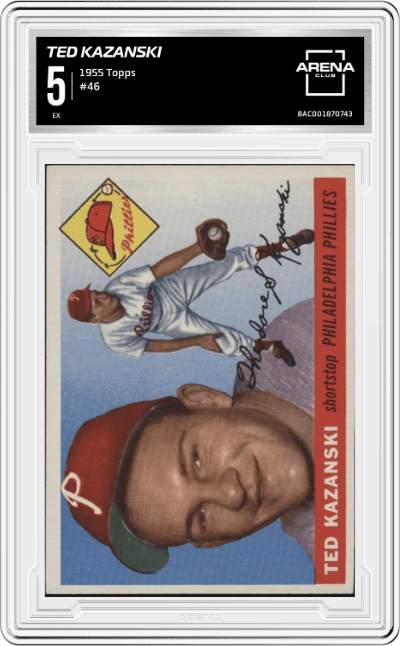 Ted Kazanski from the 1955 Topps set graded by Arena Club and given an overall grade of 5.