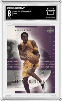 Kobe Bryant from the 2001-02 Upper Deck Honor Roll set graded by Arena Club and given an overall grade of 8.