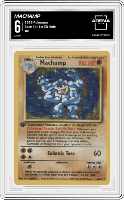 Machamp from the 1999 Pokemon set graded by Arena Club and given an overall grade of 6.