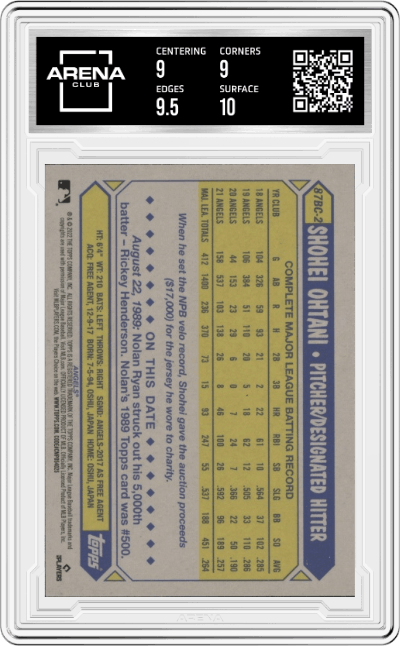 Shohei Ohtani from the 2022 Topps Chrome set graded by Arena Club and given an overall grade of 9.5.