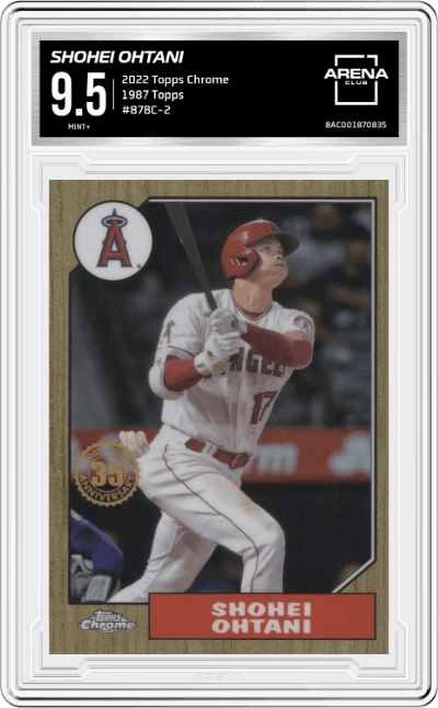 Shohei Ohtani from the 2022 Topps Chrome set graded by Arena Club and given an overall grade of 9.5.