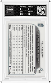 Cal Raleigh from the 2022 Topps Chrome set featuring a Prism Refractor parallel graded by Arena Club and given an overall grade of 9.5.