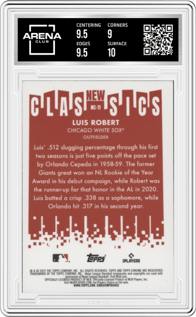 Luis Robert from the 2022 Topps Chrome set graded by Arena Club and given an overall grade of 9.5.