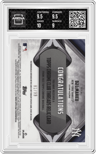 DJ LeMahieu from the 2022 Topps Chrome set featuring a Green parallel graded by Arena Club and given an overall grade of 9.5.