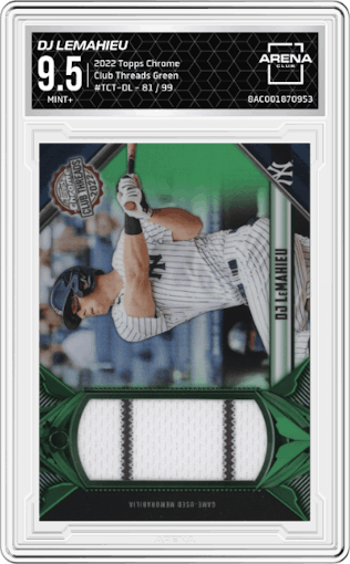 DJ LeMahieu from the 2022 Topps Chrome set featuring a Green parallel graded by Arena Club and given an overall grade of 9.5.