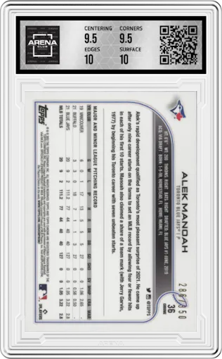 Alek Manoah from the 2022 Topps Chrome set featuring a Magenta Speckle parallel graded by Arena Club and given an overall grade of 10.