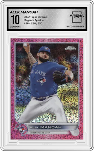 Alek Manoah from the 2022 Topps Chrome set featuring a Magenta Speckle parallel graded by Arena Club and given an overall grade of 10.