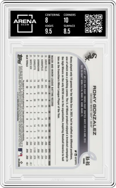 Romy Gonzalez from the 2022 Topps Chrome set graded by Arena Club and given an overall grade of 8.5.