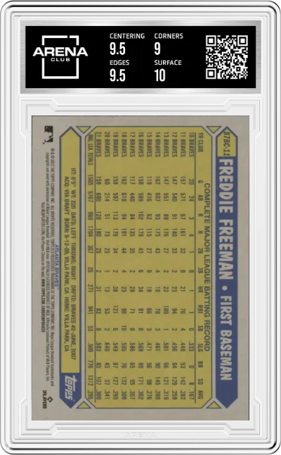 Freddie Freeman from the 2022 Topps Chrome set graded by Arena Club and given an overall grade of 9.5.