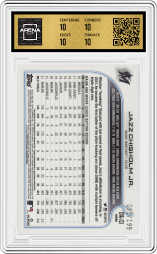 Jazz Chisholm from the 2022 Topps Chrome set featuring a Aqua Refractor parallel graded by Arena Club and given an overall grade of 10.