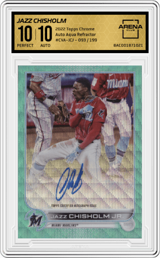 Jazz Chisholm from the 2022 Topps Chrome set featuring a Aqua Refractor parallel graded by Arena Club and given an overall grade of 10.