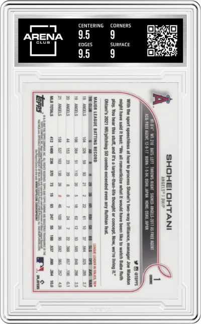 Shohei Ohtani from the 2022 Topps Chrome set graded by Arena Club and given an overall grade of 9.5.