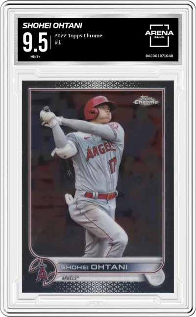 Shohei Ohtani from the 2022 Topps Chrome set graded by Arena Club and given an overall grade of 9.5.