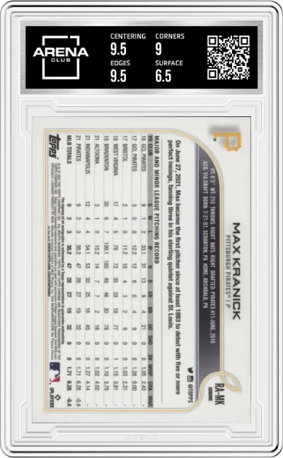 Max Kranick from the 2022 Topps Chrome set graded by Arena Club and given an overall grade of 7.