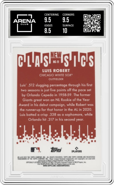 Luis Robert from the 2022 Topps Chrome set graded by Arena Club and given an overall grade of 9.