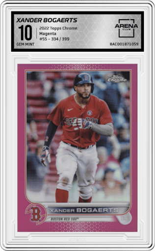 Xander Bogaerts from the 2022 Topps Chrome set featuring a Magenta parallel graded by Arena Club and given an overall grade of 10.
