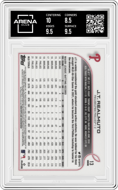 J.T. Realmuto from the 2022 Topps Chrome set featuring a Prism Refractor parallel graded by Arena Club and given an overall grade of 9.