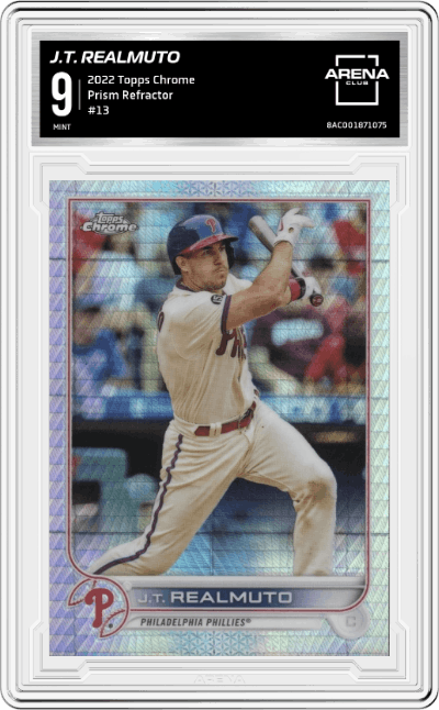 J.T. Realmuto from the 2022 Topps Chrome set featuring a Prism Refractor parallel graded by Arena Club and given an overall grade of 9.