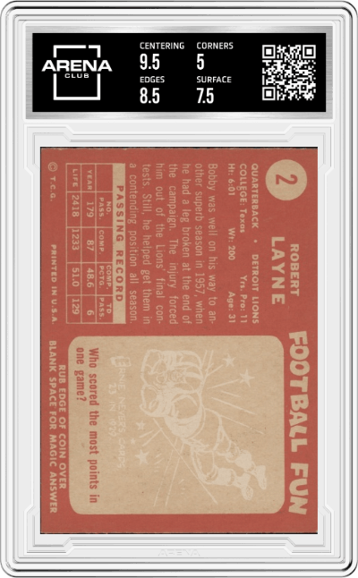 Bobby Layne from the 1958 Topps set graded by Arena Club and given an overall grade of 5.5.