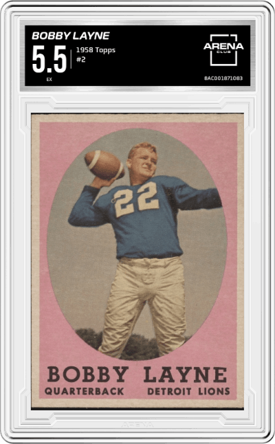 Bobby Layne from the 1958 Topps set graded by Arena Club and given an overall grade of 5.5.