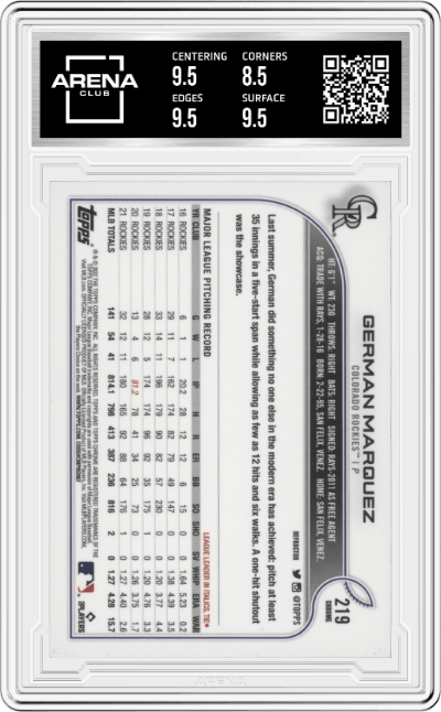 German Marquez from the 2022 Topps Chrome set featuring a Refractor parallel graded by Arena Club and given an overall grade of 9.