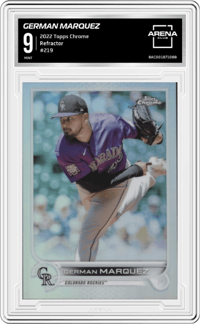 German Marquez from the 2022 Topps Chrome set featuring a Refractor parallel graded by Arena Club and given an overall grade of 9.
