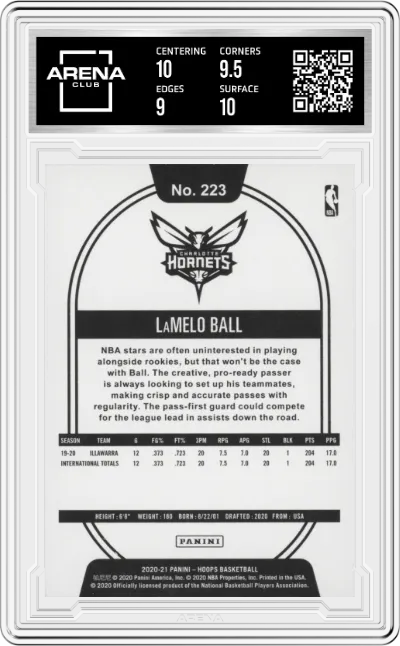 LaMelo Ball from the 2020-21 Panini NBA Hoops set graded by Arena Club and given an overall grade of 9.5.