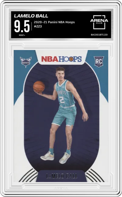 LaMelo Ball from the 2020-21 Panini NBA Hoops set graded by Arena Club and given an overall grade of 9.5.