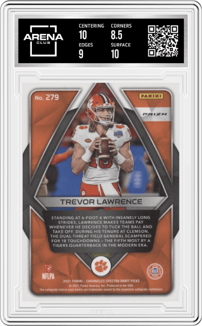 Trevor Lawrence from the 2021 Panini Chronicles Draft Picks set featuring a Orange parallel graded by Arena Club and given an overall grade of 9.