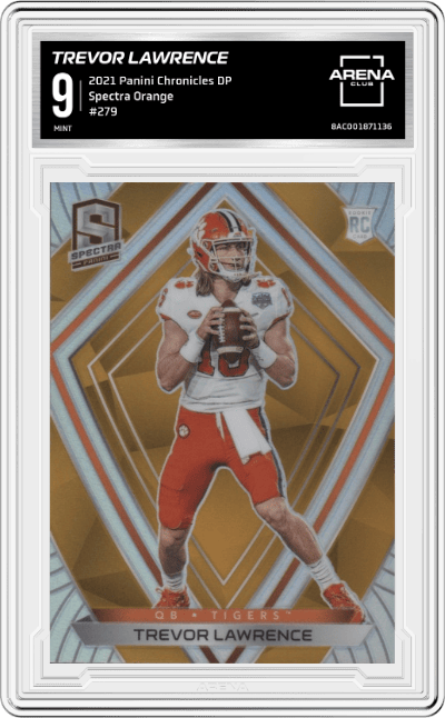 Trevor Lawrence from the 2021 Panini Chronicles Draft Picks set featuring a Orange parallel graded by Arena Club and given an overall grade of 9.