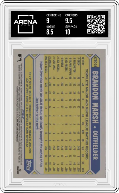 Brandon Marsh from the 2022 Topps Chrome set graded by Arena Club and given an overall grade of 9.
