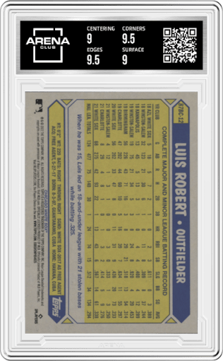 Luis Robert from the 2022 Topps Chrome set graded by Arena Club and given an overall grade of 9.5.