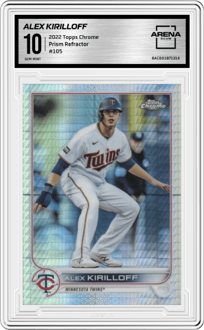 Alex Kirilloff from the 2022 Topps Chrome set featuring a Prism Refractor parallel graded by Arena Club and given an overall grade of 10.