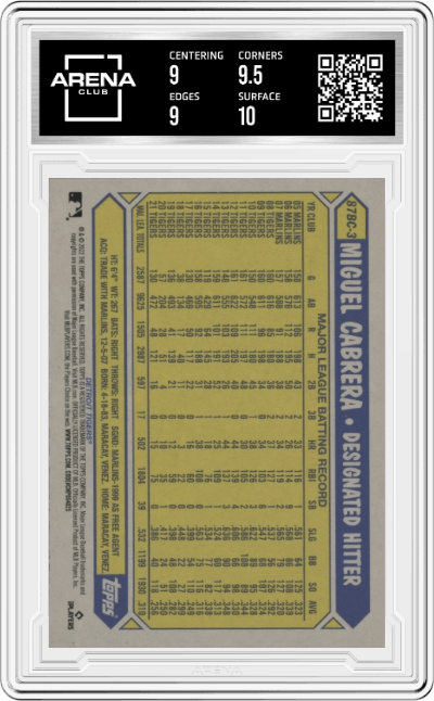 Miguel Cabrera from the 2022 Topps Chrome set graded by Arena Club and given an overall grade of 9.5.