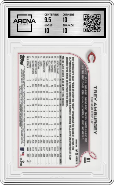 Trey Amburgey from the 2022 Topps Chrome set featuring a Refractor parallel graded by Arena Club and given an overall grade of 10.