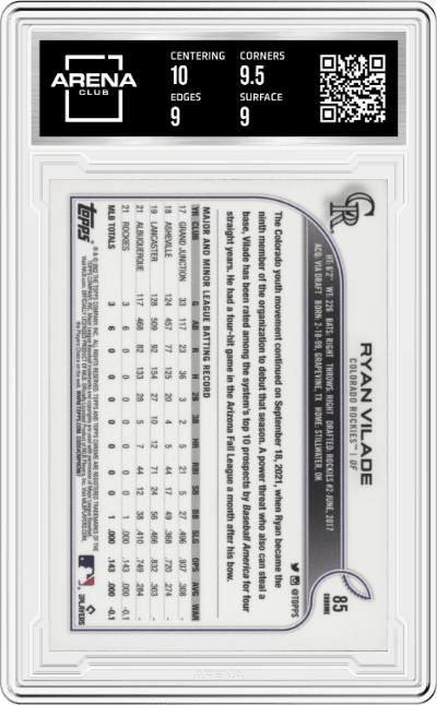 Ryan Vilade from the 2022 Topps Chrome set graded by Arena Club and given an overall grade of 9.5.