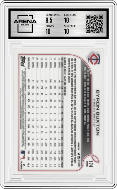 Byron Buxton from the 2022 Topps Chrome set featuring a Refractor parallel graded by Arena Club and given an overall grade of 10.