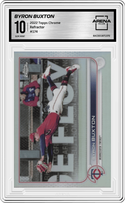 Byron Buxton from the 2022 Topps Chrome set featuring a Refractor parallel graded by Arena Club and given an overall grade of 10.