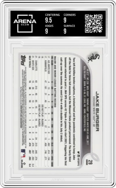 Jake Burger from the 2022 Topps Chrome set graded by Arena Club and given an overall grade of 9.