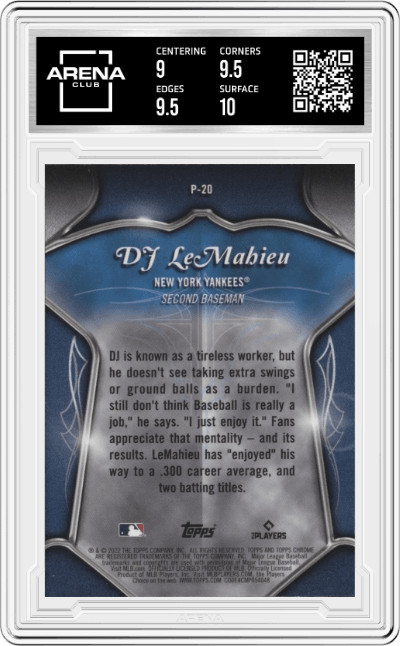 DJ LeMahieu from the 2022 Topps Chrome set graded by Arena Club and given an overall grade of 9.5.
