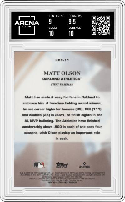 Matt Olson from the 2022 Topps Chrome set graded by Arena Club and given an overall grade of 9.5.