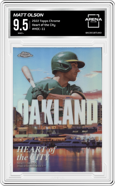 Matt Olson from the 2022 Topps Chrome set graded by Arena Club and given an overall grade of 9.5.