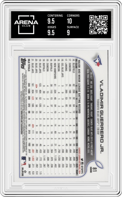 Vladimir Guerrero Jr. from the 2022 Topps Chrome set graded by Arena Club and given an overall grade of 9.5.