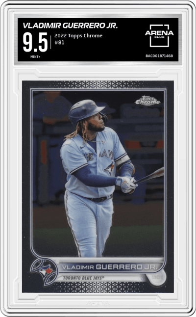 Vladimir Guerrero Jr. from the 2022 Topps Chrome set graded by Arena Club and given an overall grade of 9.5.