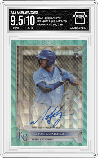 MJ Melendez from the 2022 Topps Chrome set featuring a Aqua Refractor parallel graded by Arena Club and given an overall grade of 9.5.